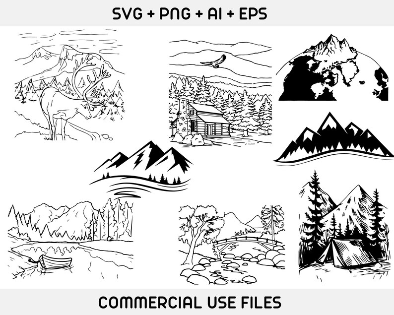 May include: A set of 10 black and white illustrations of mountains, a cabin, a deer, a river, a tent, and a globe. The illustrations are in a simple, line art style.  SVG + PNG + AI + EPS. COMMERCIAL USE FILES.