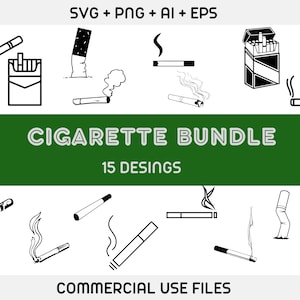 Puede incluir: Un conjunto de 15 ilustraciones de cigarrillos en blanco y negro. Las ilustraciones incluyen cigarrillos con humo, un paquete de cigarrillos y un cigarrillo sostenido en una mano. El texto "CIGARETTE BUNDLE" y "15 DESINGS" está incluido en la imagen. El texto "COMMERCIAL USE FILES" también está incluido en la imagen.