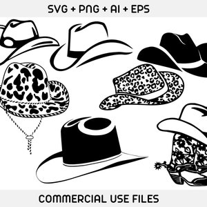 May include: A set of eight black and white cowboy hat silhouettes. The hats are in various styles, including a classic cowboy hat, a fedora, and a wide-brimmed hat. The hats are all facing forward and are set against a white background. The text "COMMERCIAL USE FILES" is at the bottom of the image.