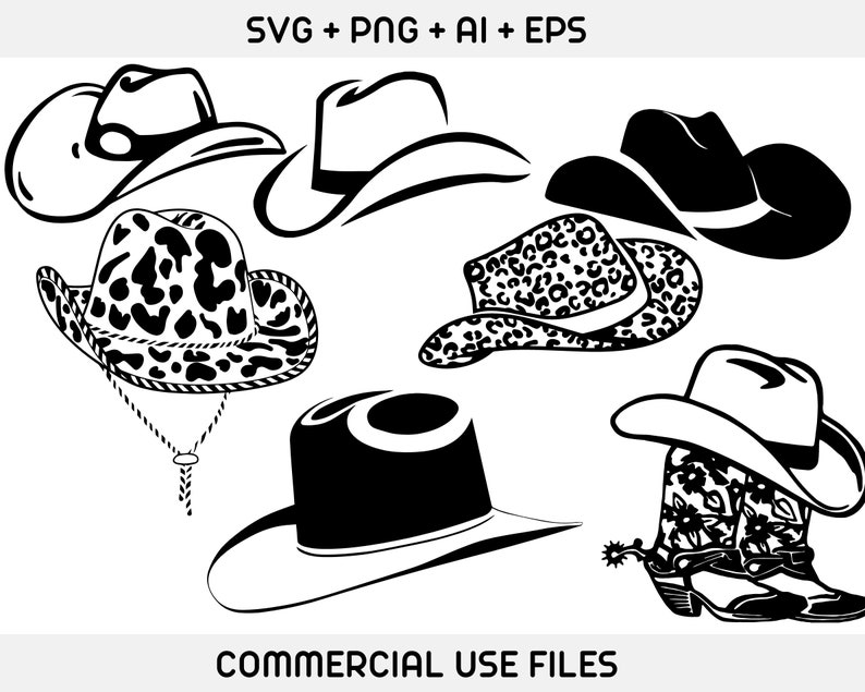 May include: A set of eight black and white cowboy hat silhouettes. The hats are in various styles, including a classic cowboy hat, a fedora, and a wide-brimmed hat. The hats are all facing forward and are set against a white background. The text "COMMERCIAL USE FILES" is at the bottom of the image.