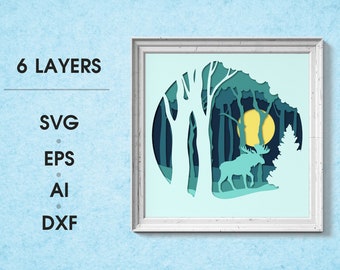 Deer shadow box, forest shadow box, in the forest deer woodland animals paper cutting 3d shadowbox shadow box light box SVG DXF