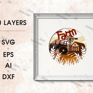 Modèle de boîte à lumière de Village de ferme, boîte d'ombre de cheval, boîte d'ombre de tracteur, fichiers de téléchargement numérique SVG, boîte d'ombre SVG, boîte de coupe de papier 3D