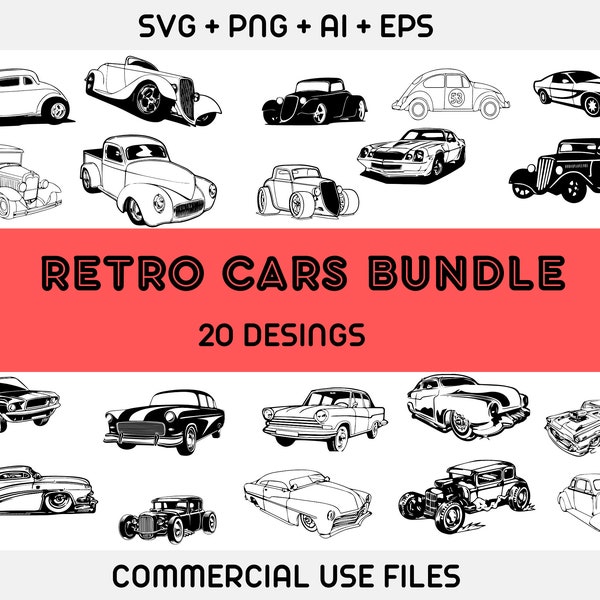 Retro Cars SVG Bundle, Retro Car Silhouette svg, Classic Car SVG Bundle, Retro Car svg, Vintage Cars svg, Old cars digital template,