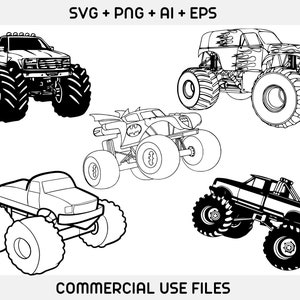 May include: Four black and white line drawings of monster trucks. Each truck has large wheels and a pickup truck body. The trucks are facing different directions.