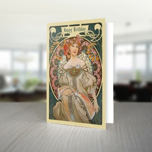 Art Nouveau A5 Birthday Card with Alphonse Mucha F. Champenois Artwork. Premium Quality.