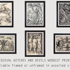 Vintage Medieval Witches and Devils Woodcut Prints / Available Framed / 6 Different designs / Wall Art / Home Decor / Witches / Dark Art