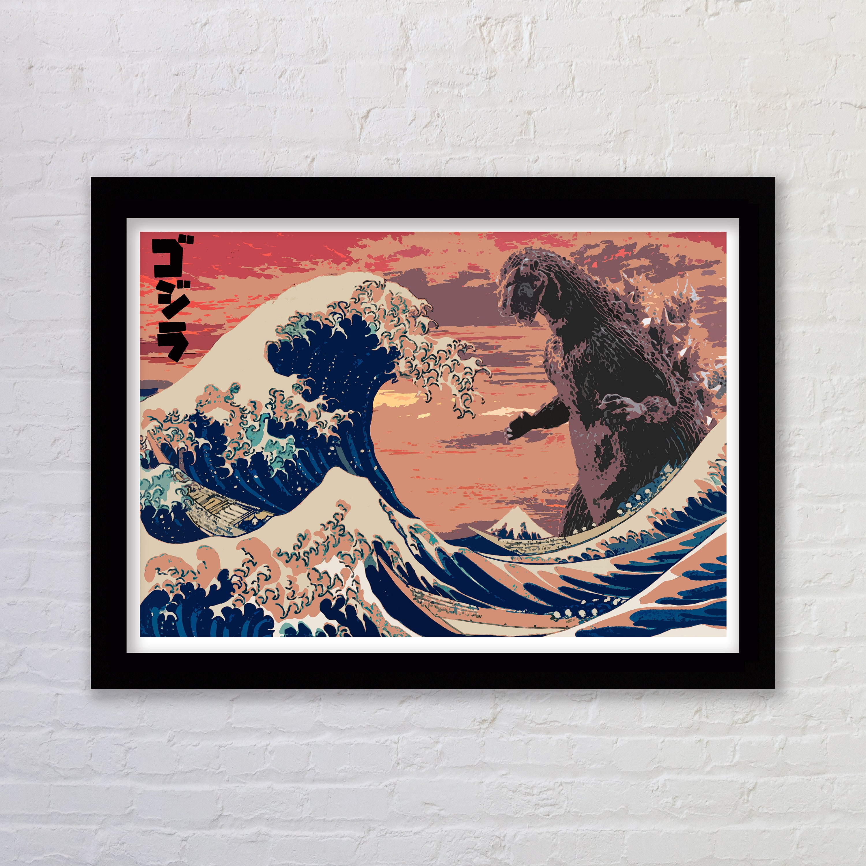 Framed Godzilla and the Great Wave Poster Print Re-imagined