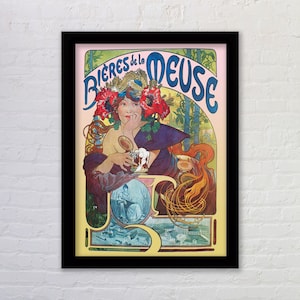 Bieres de la Meuse Vintage Alphonse Mucha Art Nouveau Reproduction Poster Print . Available Framed