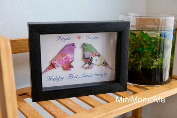 Personalized Origami Lovebirds Anniversary Gift, Paper Anniversary Black Shadow Box