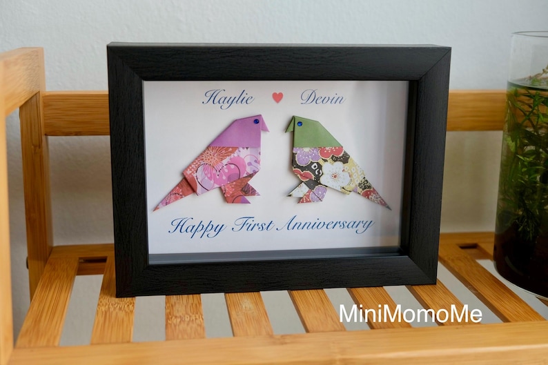 Personalized Origami Lovebirds Anniversary Gift, Paper Anniversary Black Shadow Box image 2