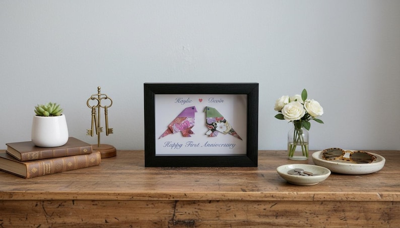Personalized Origami Lovebirds Anniversary Gift, Paper Anniversary Black Shadow Box image 5
