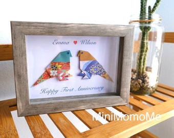 Personalized Origami Lovebirds First Anniversary Gift Paper Theme. 5”x7” Gray Shadow Box Frame. Gift for Couples.
