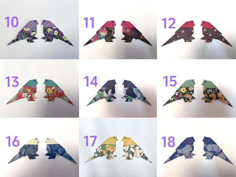 May include: A set of 18 origami birds, each with a unique patterned design. The birds are numbered 10 through 18.