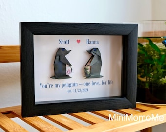 Personalized Origami Penguins 1st Anniversary Paper Gift - Shadow Box Frame