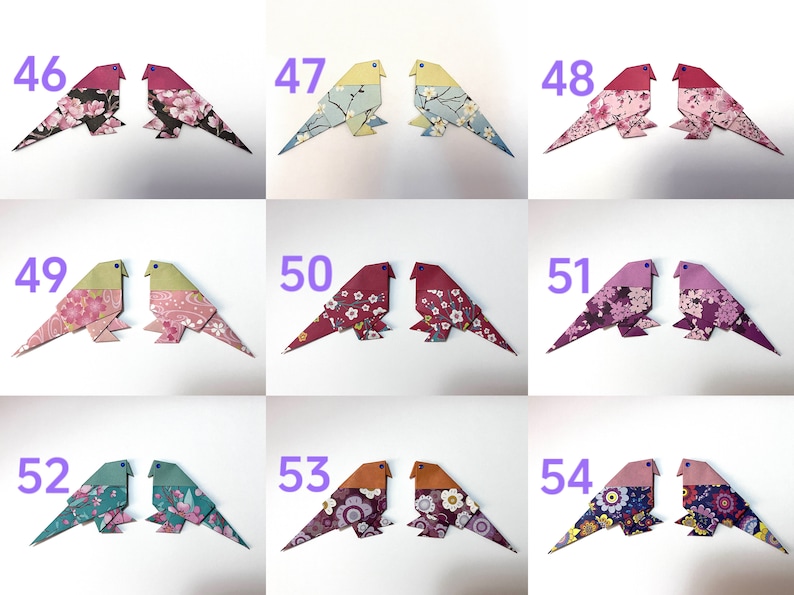 May include: Nine pairs of origami birds made from patterned paper. Each pair is numbered 46 through 54. The birds are in various colors and patterns, including pink, red, green, blue, and yellow.