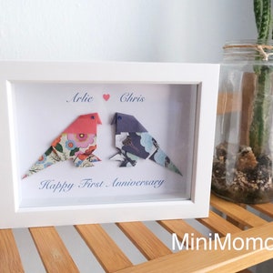 Personalized Origami Lovebirds First Anniversary Gift Paper Theme. 5”x7” White Wood Shadow Box Frame. Gift for Couples. Wedding Gift