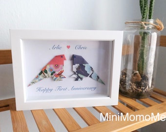 Personalized Origami Lovebirds First Anniversary Gift Paper Theme. 5”x7” White Wood Shadow Box Frame. Gift for Couples. Wedding Gift