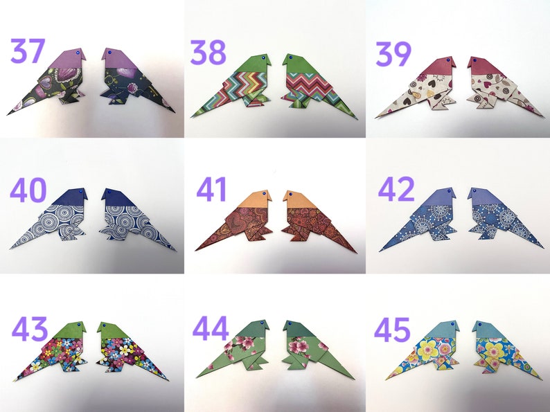 May include: A set of 10 origami paper birds, each with a different patterned design. The birds are numbered 37 through 46.