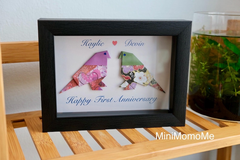 Personalized Origami Lovebirds Anniversary Gift, Paper Anniversary Black Shadow Box image 4