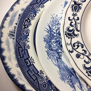 Mismatched Blue White Transferware Dinner Plates Set of 4 Cobalt Blue Transferware Mix Match China Blue White Plates #315