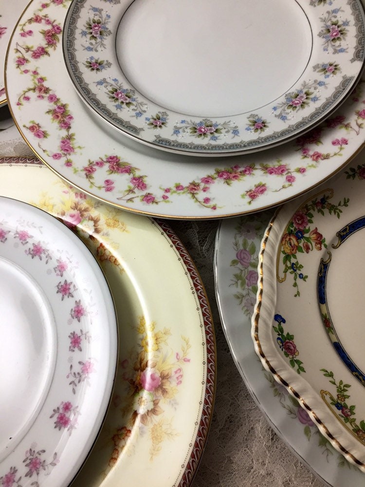 12 2 Pc place settings Vintage Mismatched China Pink Dinnerware Set Dinner Salad Plates Boho Wedding Mix Match 589
