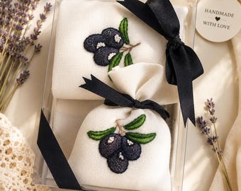 Embroidered Lavender Sachet and Towel Gift Set, Rustic Cottagecore Home Decor