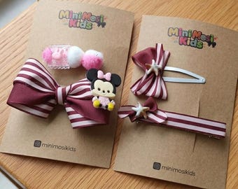 Handgemachte weinrot gestreifte Haarschleife Set, Minnie Maus Clips, Kleinkind Accessoires