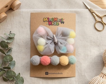 Tüll Pom Pom Haarclip Set, Pastell Shaker Bow, Baby Mädchen Accessoires