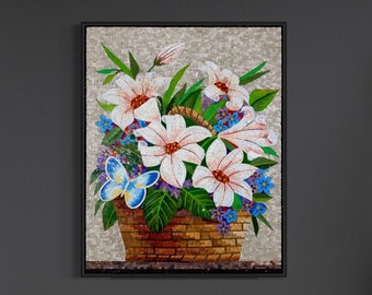Flower Art Mosaic flowers vase wall Art colorful Handmade Marble Mosaic wall tile