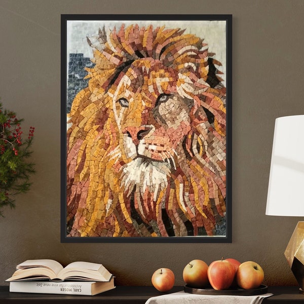 Lion Marble Mosaic Wall Art  Modern Wall Hanging  Handcrafted Home Decor