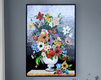 Flower Art Mosaic flowers vase wall Art colorful Handmade Marble Mosaic wall tile