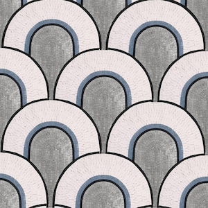 Peut inclure: Un motif sans couture de demi-cercles gris, blancs et bleus qui se chevauchent, créant un design géométrique. Le motif est composé de petites tuiles carrées, ce qui lui donne un effet de mosaïque.