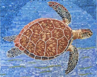 ウミガメのモザイクタイルアート：手作り大理石の壁飾り（32インチ×28