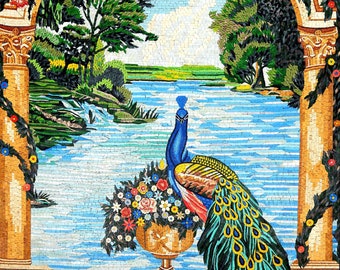 Elegante arte de la pared del mosaico del pavo real / Arte de la pared de la naturaleza del paisaje / Regalo del amante del pavo real / Azulejo de decoración de mármol del mosaico del pavo real / Mosaico de arte artesanal M