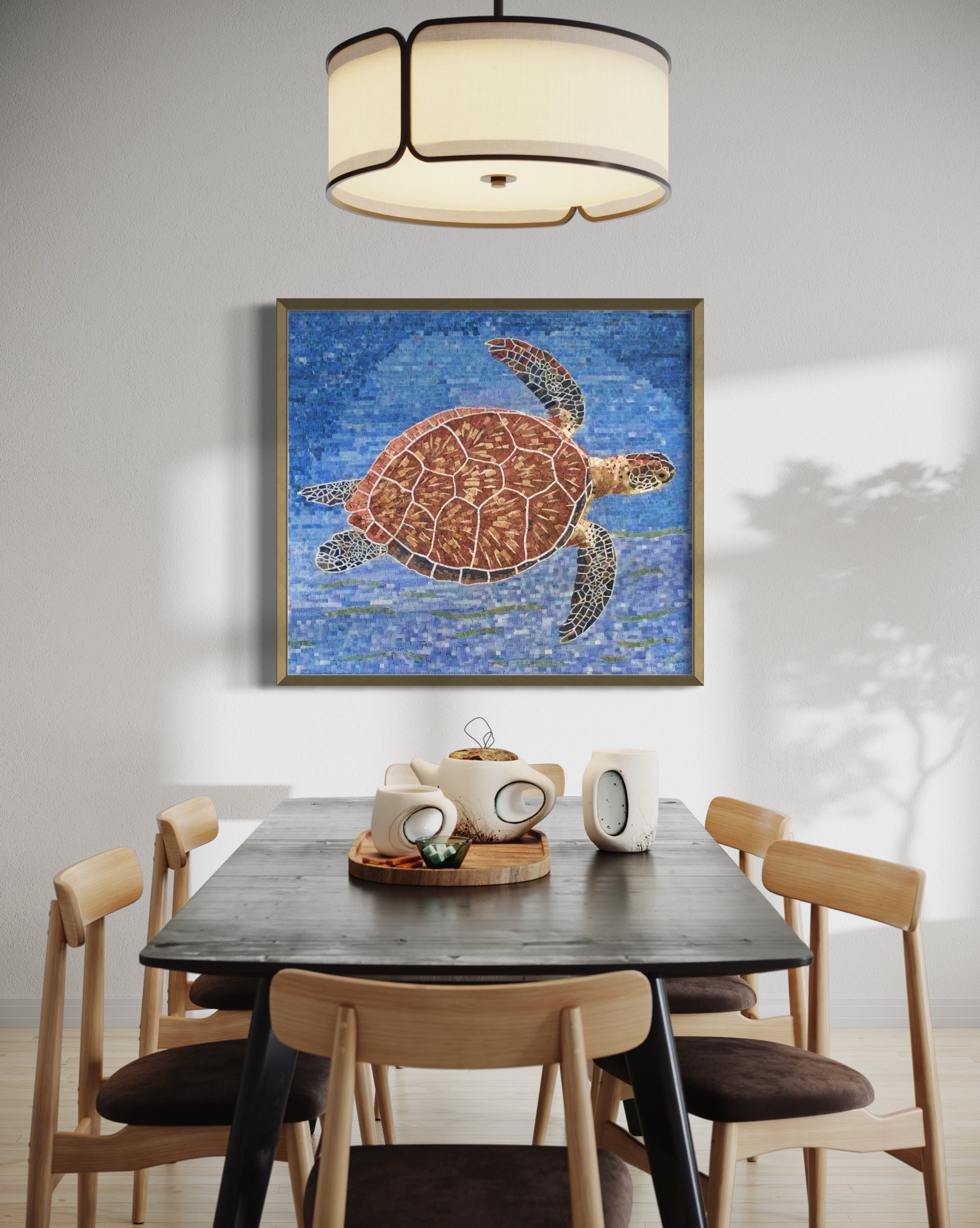 Mosaïque Murale En Marbre Tortue De Mer 28x28 Pouces - Fait Main, Turquie, Décor Intérieur/Extérieur