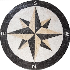 May include: A black and white mosaic compass rose with a beige center. The compass rose is surrounded by a black border with the letters N, S, E, and W.