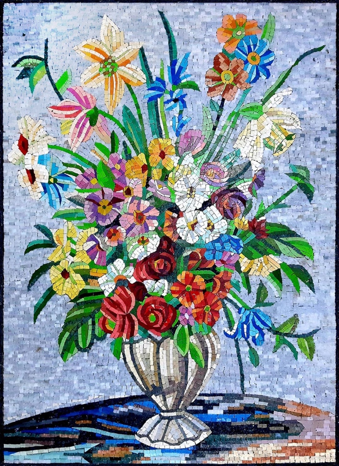 Flower Art Mosaic Flowers Vase Wall Art Colorful Handmade Marble Mosaic