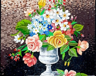 Flower Art Mosaic flowers vase wall Art colorful Handmade Marble Mosaic wall tile