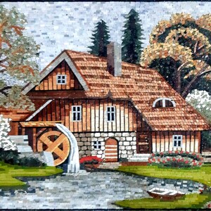 Cottage in Nature Wall Art Mosaic Tile Artwork Landscape Marble Mosaic Murals Custom Natural Stone Mosaic