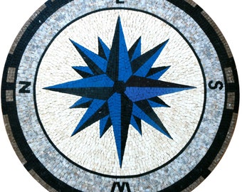 Handmade Marble Mosaic Compass Rose Medallion, Nautical Tile Art (24" Inch)