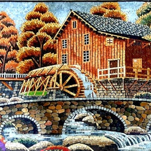 Cottage in Nature Wall Art Mosaic Tile Artwork Landscape Marble Mosaic Murals Custom Natural Stone Mosaic