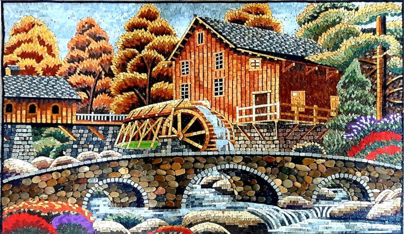 Puede incluir: Un puente de piedra con tres arcos sobre un arroyo que fluye. Un molino de agua de madera roja con una gran rueda de agua se encuentra en el fondo. La escena est&aacute; rodeada de &aacute;rboles con follaje oto&ntilde;al.