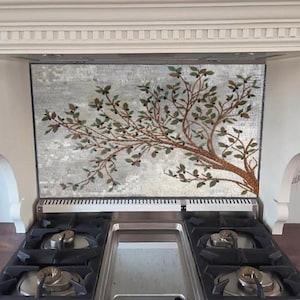 Kitchen Backsplash ,Olive Tree  branches, Mosaic Kitchen wall Art, kitchen backsplash ,Marble Mosaic Tile, Stove backsplash