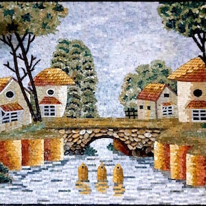 Cottage in Nature Wall Art Mosaic Tile Artwork Landscape Marble Mosaic Murals Custom Natural Stone Mosaic