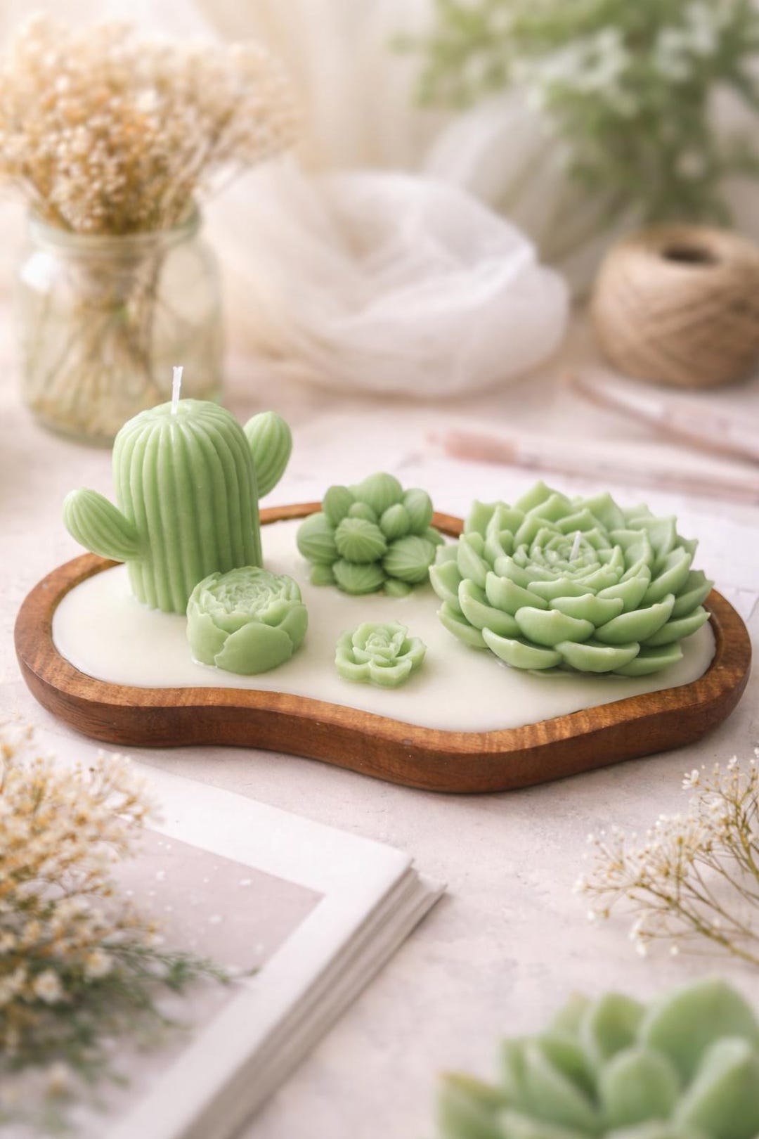 Wooden Tray With Cactus Candles, Handmade Scented Candles, Vegan Succulent  Decoration - Etsy
