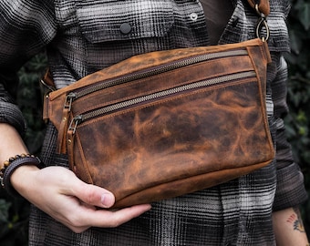 Handmade Leather Fanny Pack, Big Crossbody Bag, Leather Sling Belt Bag, Mens Waist Bag, Womens Leather Hip Bag, Birthday Gift