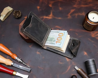 Pince à billets en cuir faite main, portefeuille fin avec poche avant, porte-cartes minimaliste