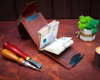 Handgemaakte leren portemonnee met geldclip, slank voorvak voor heren en dames