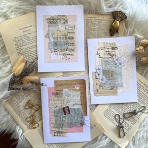 Lot de 3 cartes de voeux roses nacrées avec collage fait main || toutes les occasions vintage anciens papiers modernes autocollants floral délicat anniversaire merci