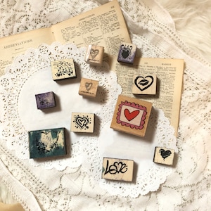 Heart Love Vintage Rubber Stamps || Bujo Supplies Journal Snailmail Card making Scrapbook Papercraft Minimal Stamping Wood-backed stamps